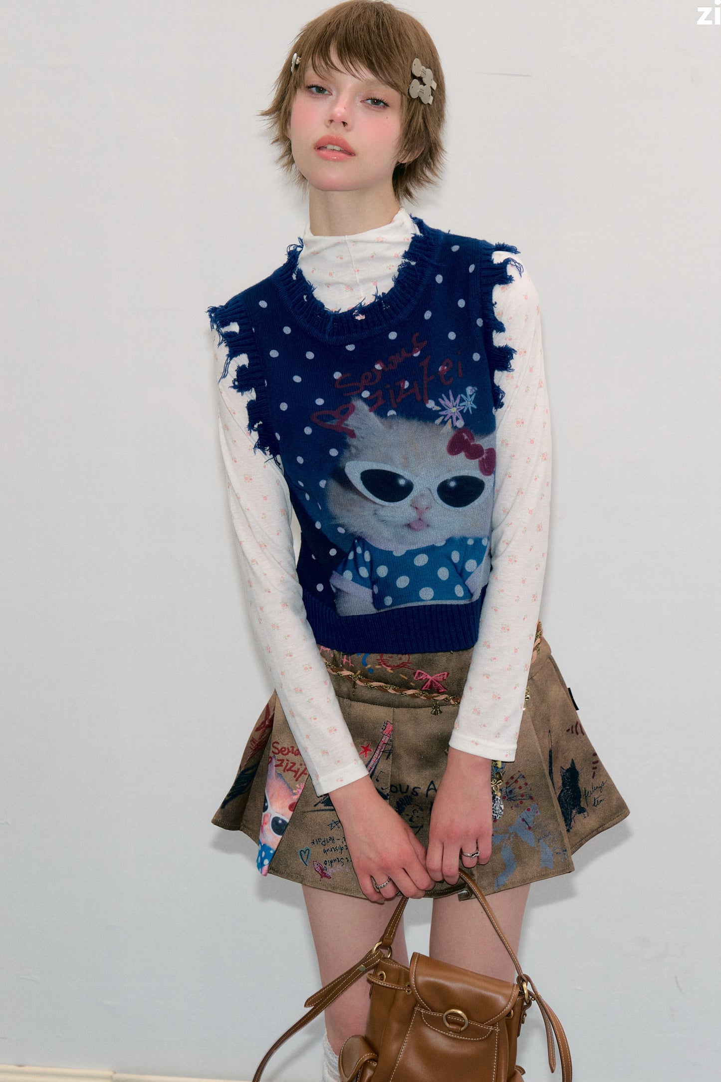 Navy Blue Cat Print Polka Dot Vest