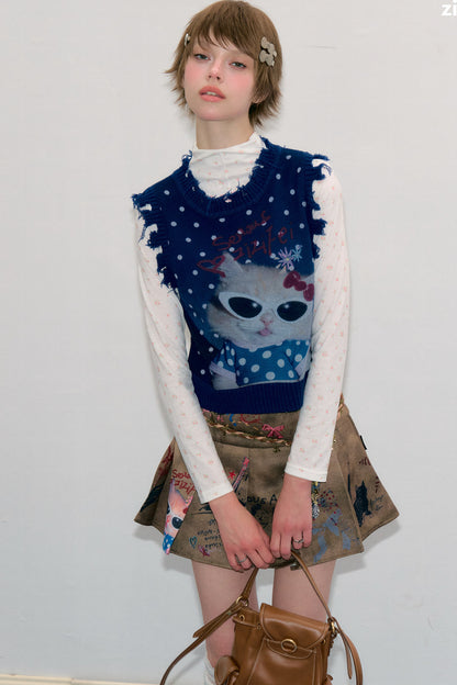 Navy Blue Cat Print Polka Dot Vest