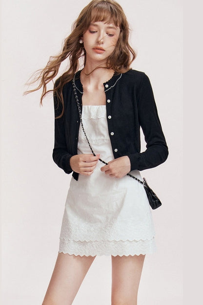 French Double-Layer Lace Spaghetti Strap Dress and Cardigan Set-Up