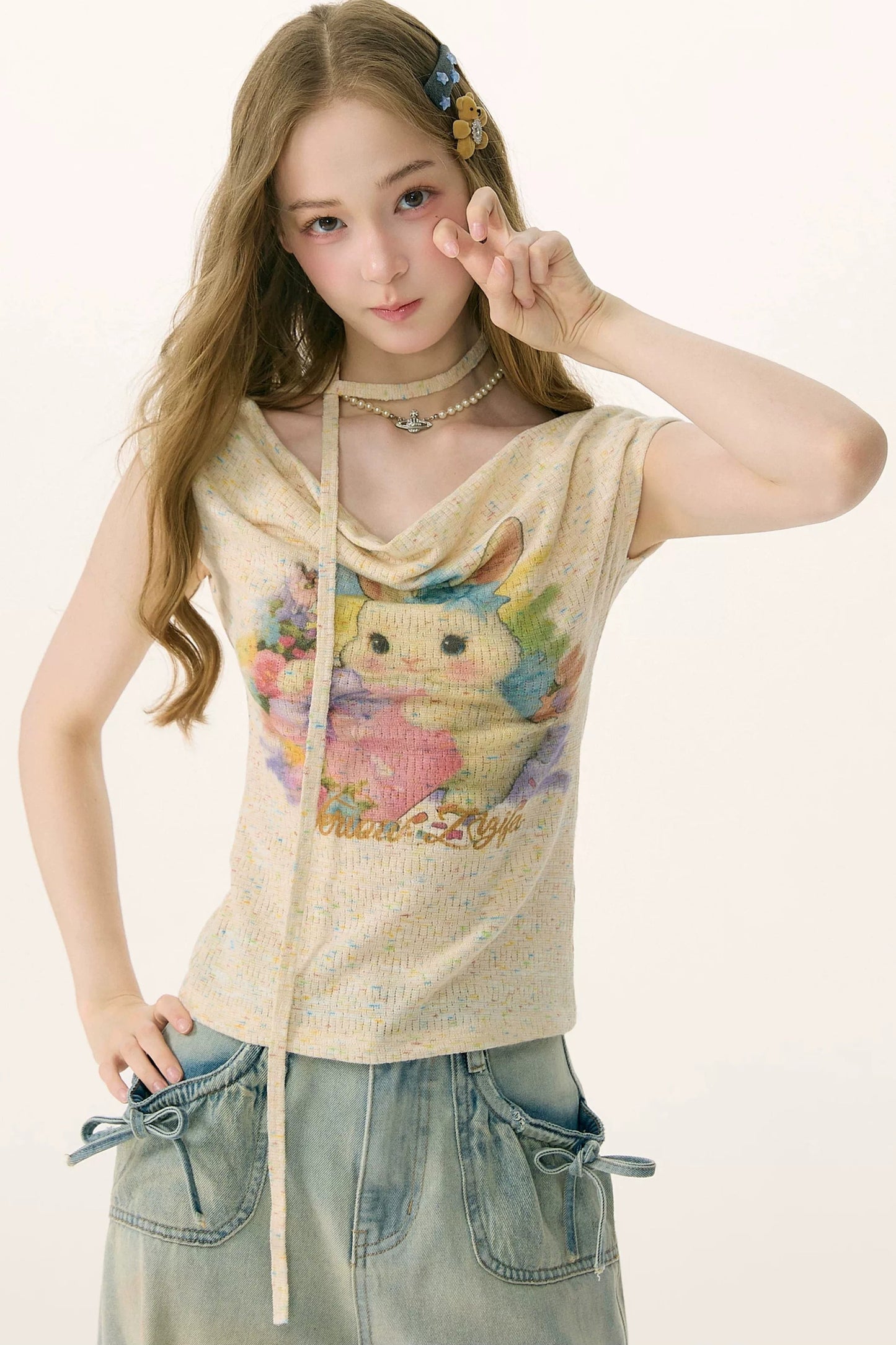 Schulterfreies Regenbogen-Kaninchen-Strick-T-Shirt