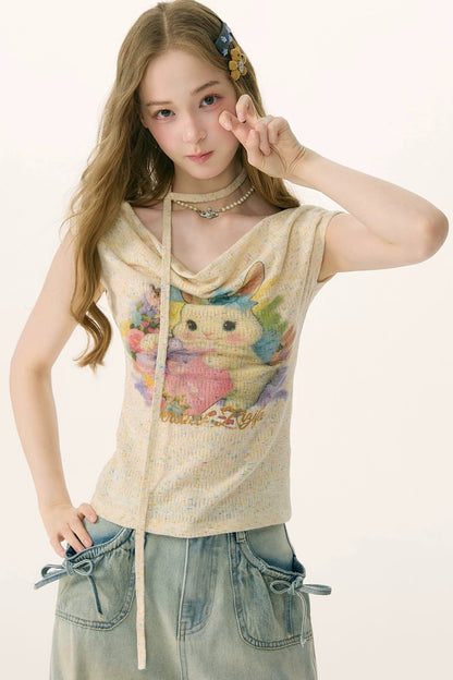 Schulterfreies Regenbogen-Kaninchen-Strick-T-Shirt