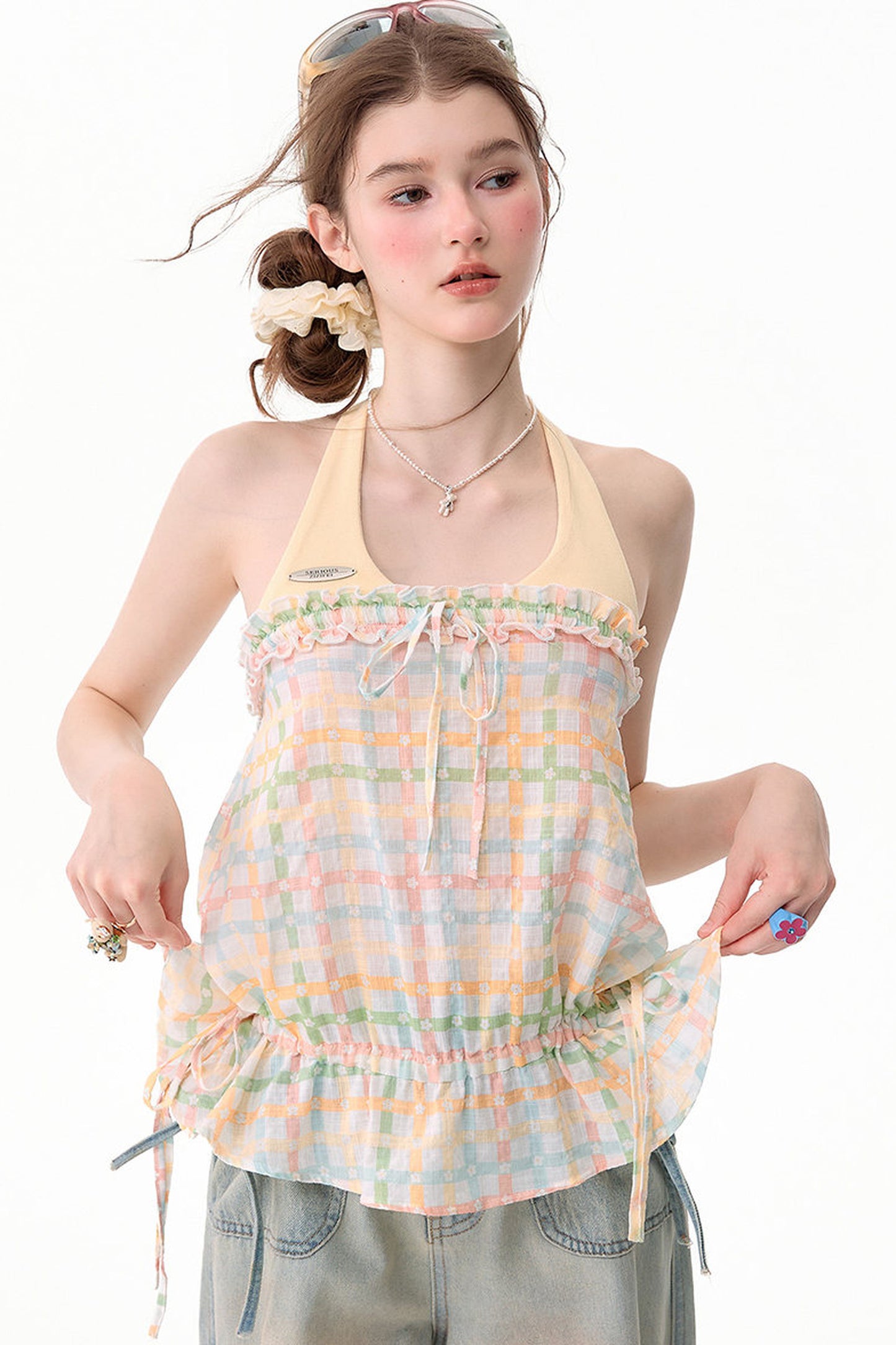 Blusa all'americana a quadri pastello