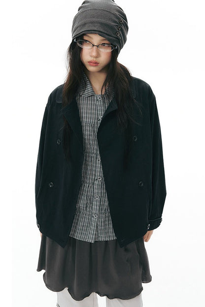 Retro Double-Breasted Workwear Jacket and Skirt Set-Up