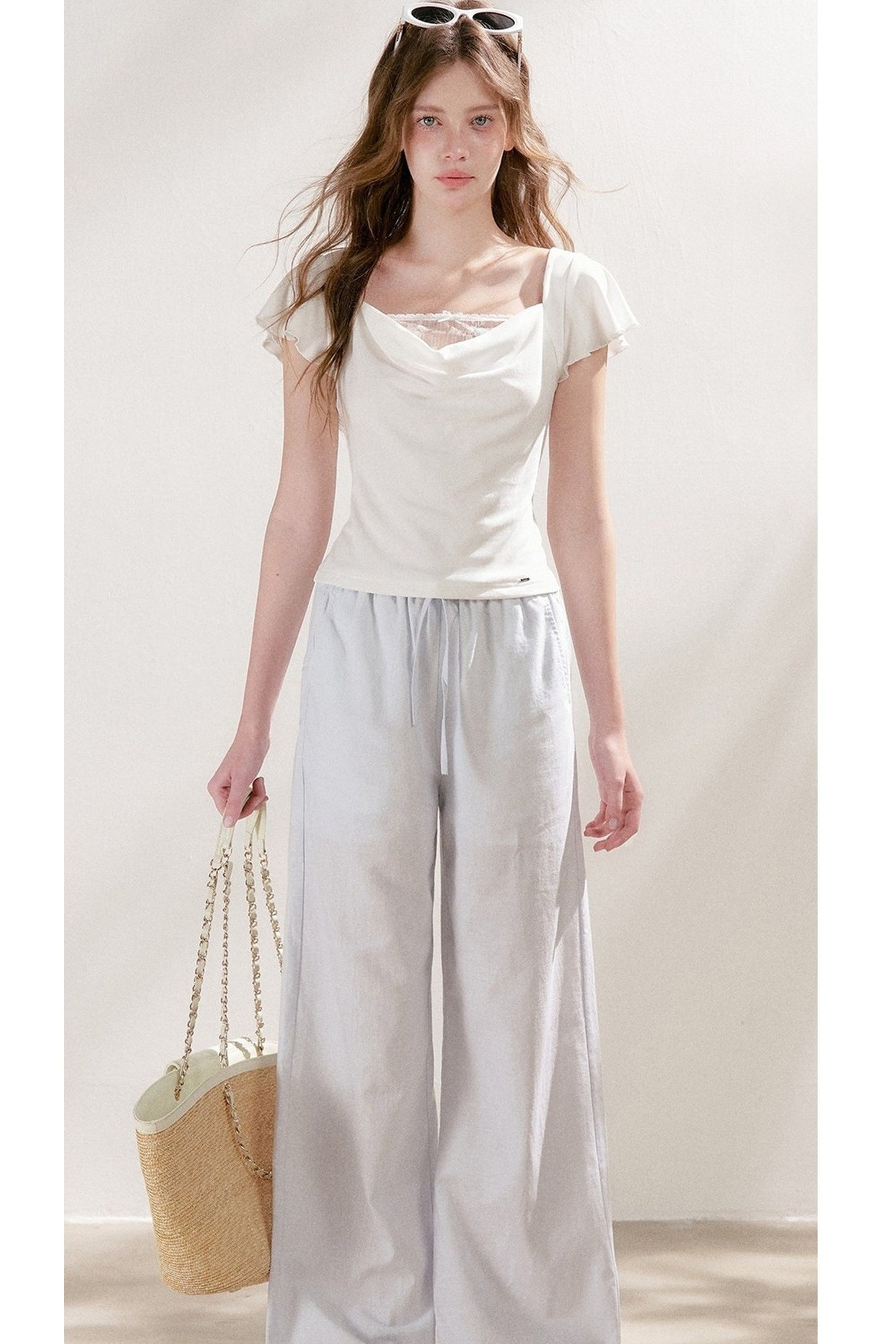 High-Waisted Linen Cotton Drawstring Wide-Leg Pants