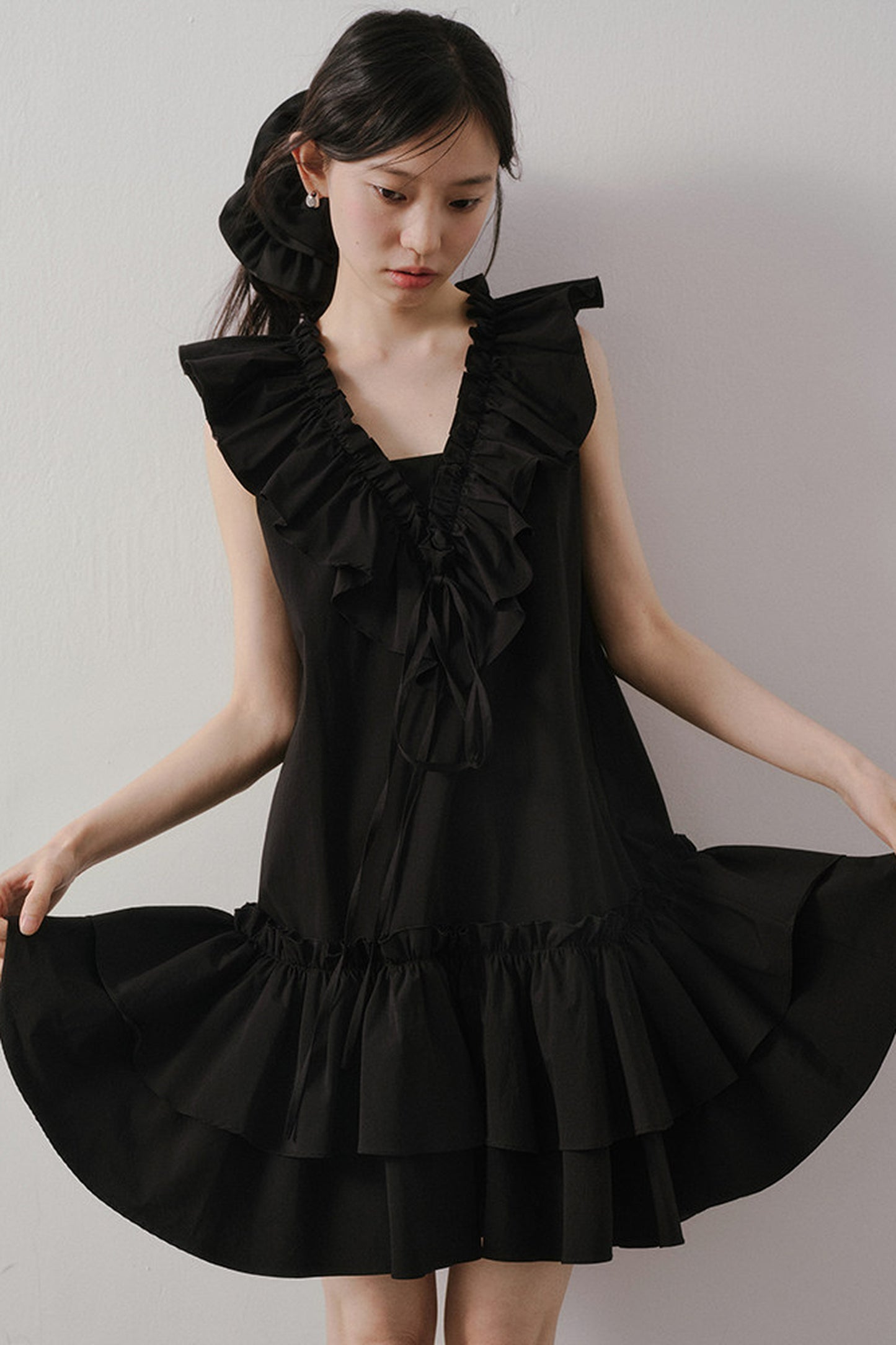 Ruffle V-Neck Tie Sleeveless Black Dress