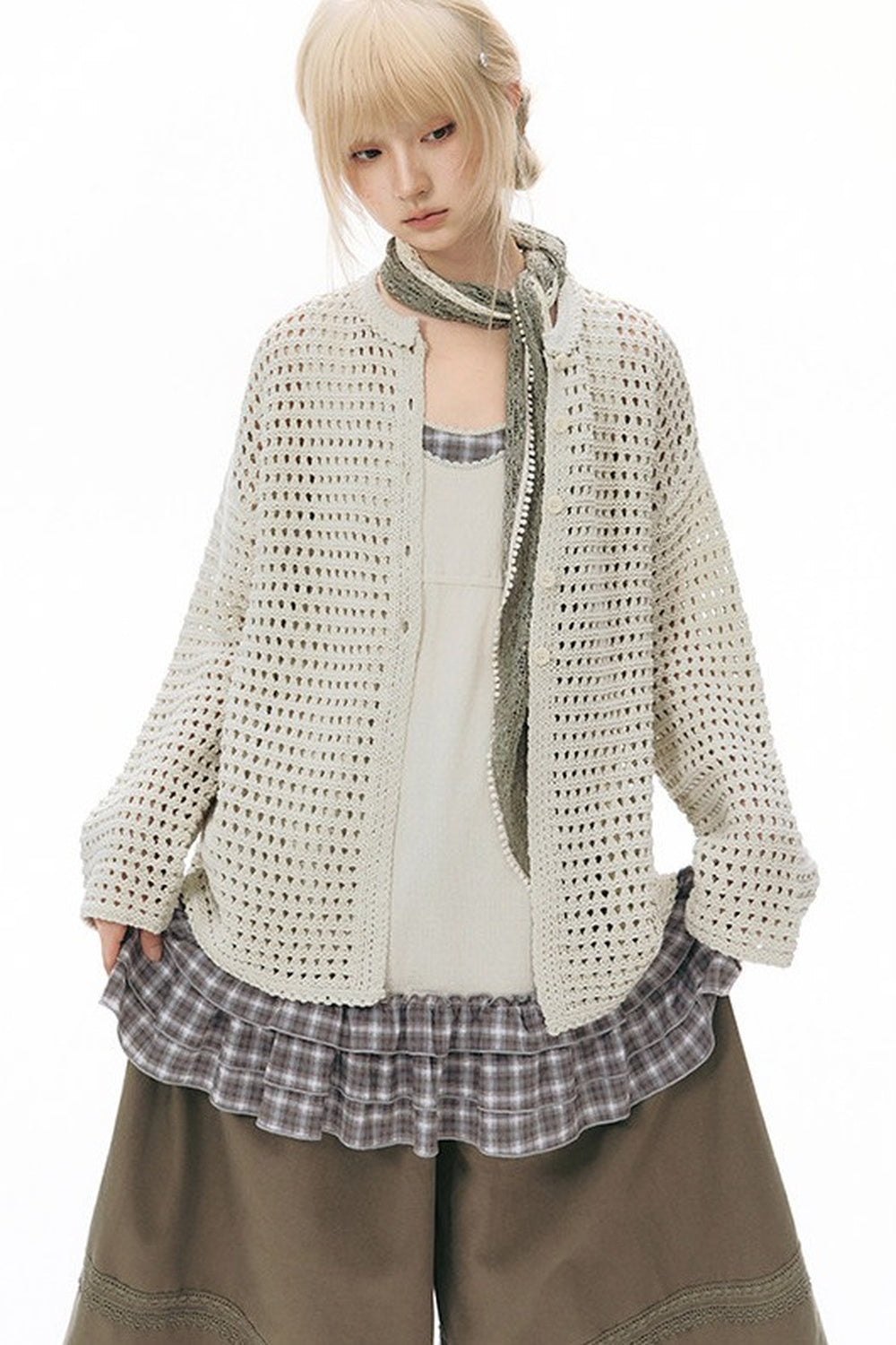 Solid Color Hollow Knit Cardigan
