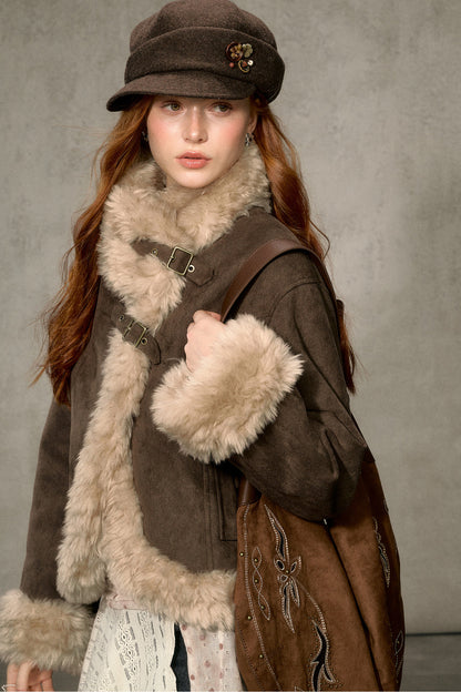 Oatmeal Chocolate Fur Trim Asymmetrical Jacket
