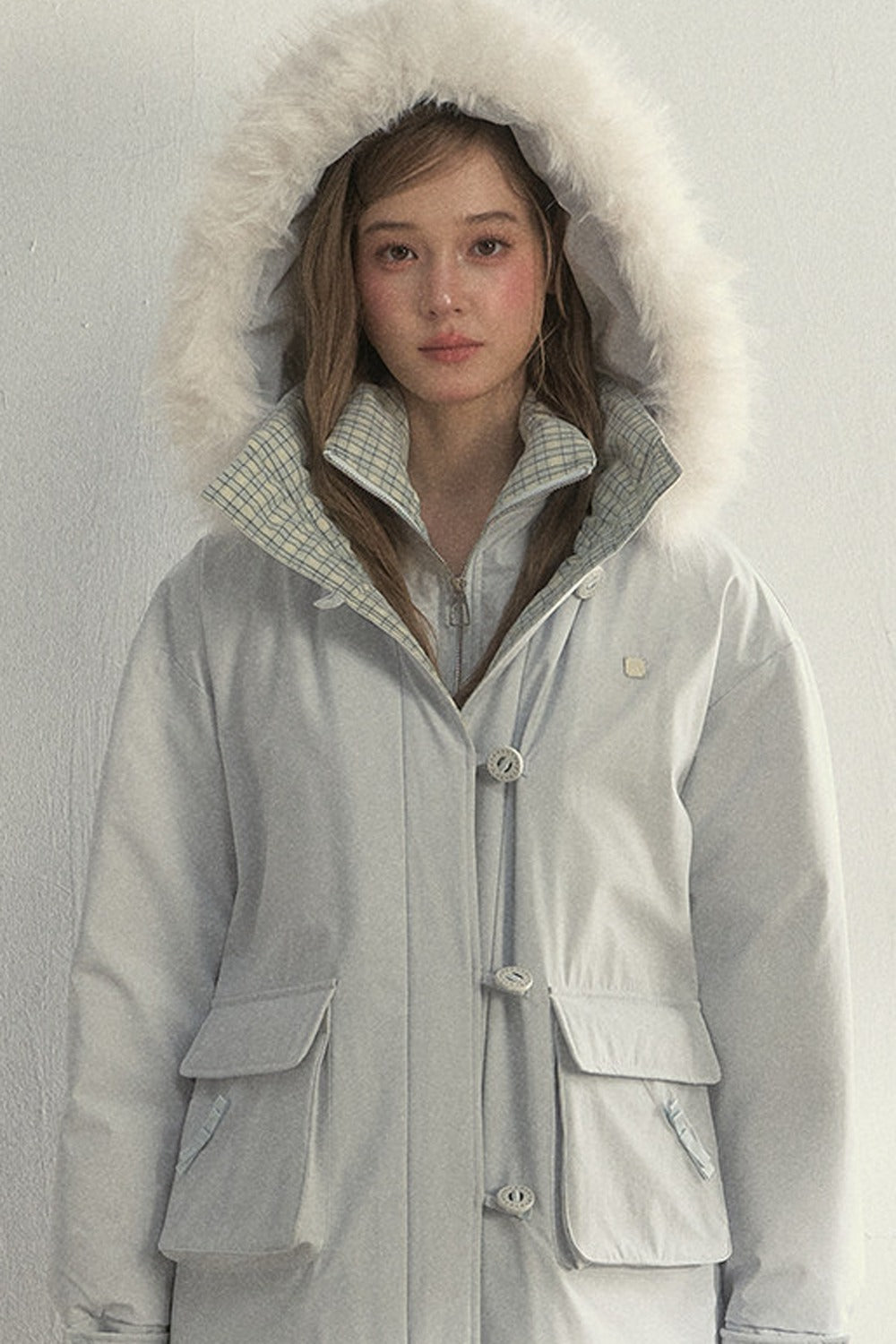 Patchwork Plaid Fur Collar Down Jacket
