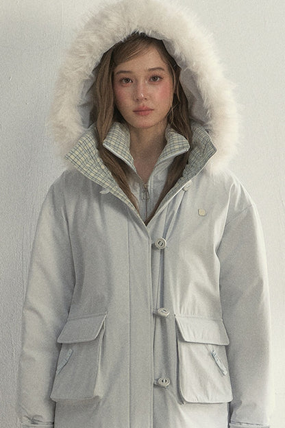 Patchwork Plaid Fur Collar Down Jacket