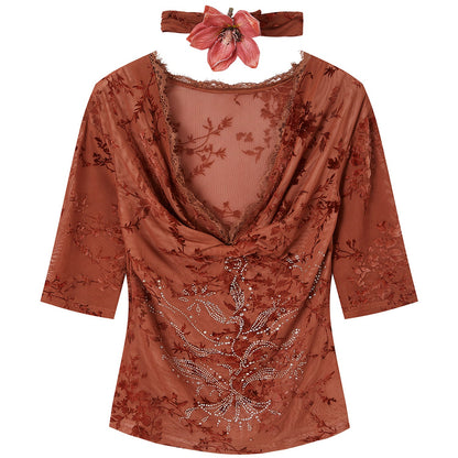 Rhinestone Lace Off-Shoulder Knit Top