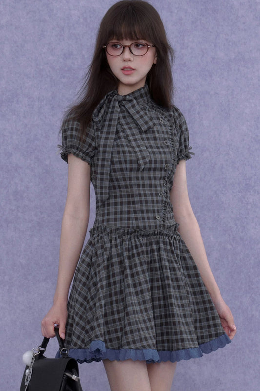 Retro Plaid Bow Dress