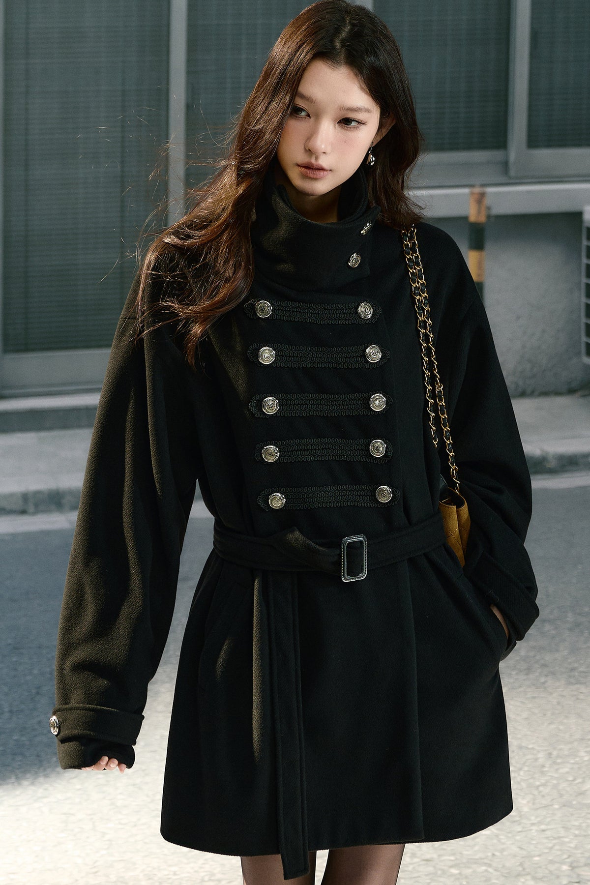 Double-Breasted Drop Shoulder Belted Woolen Coat