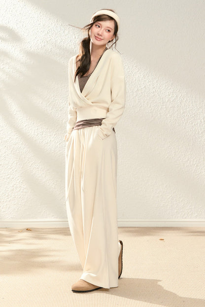 V-Neck Sweatshirt and Wide-Leg Pants Set-Up