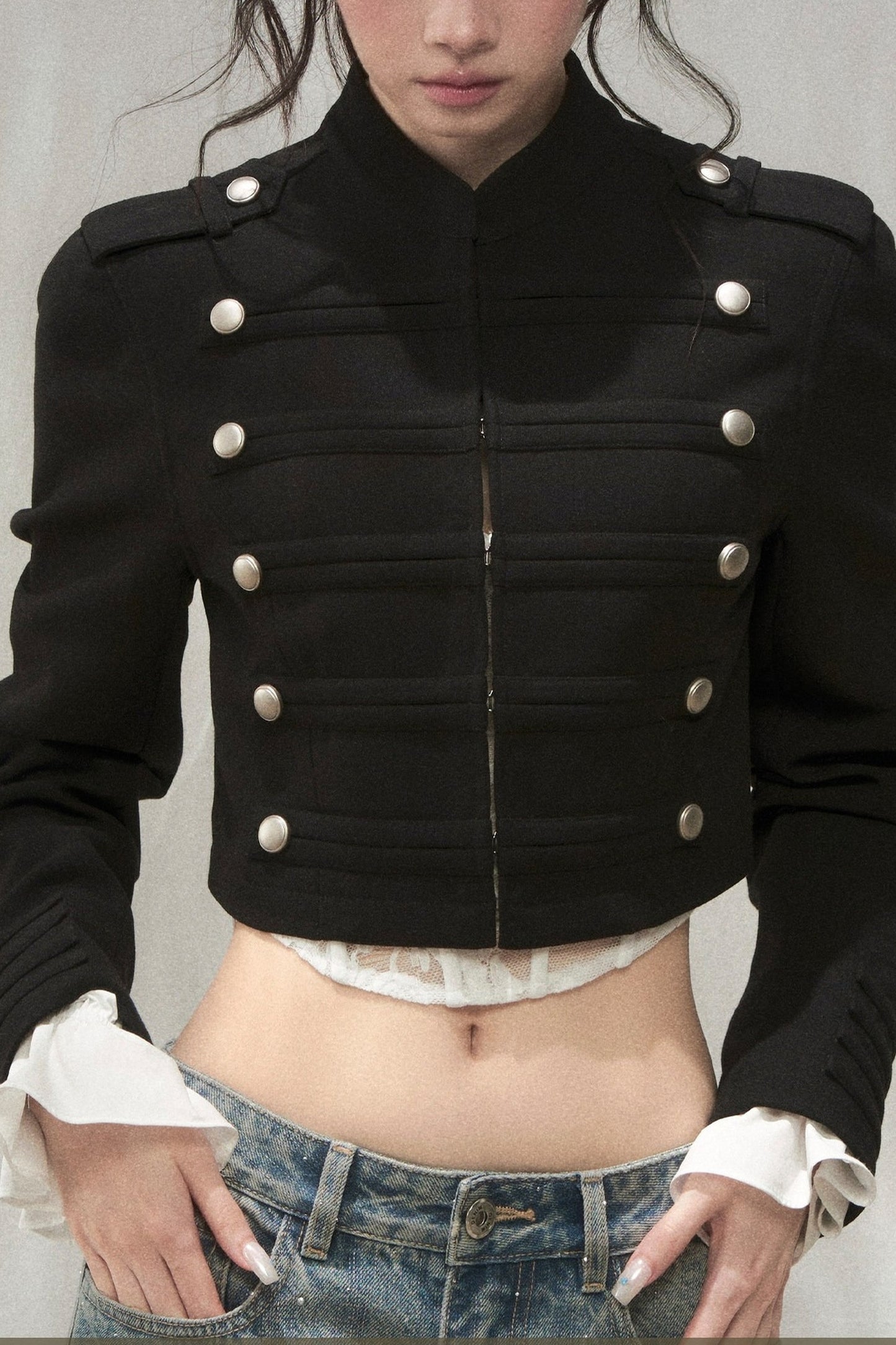 Double-Breasted Metal Button Stand Collar Short Jacket