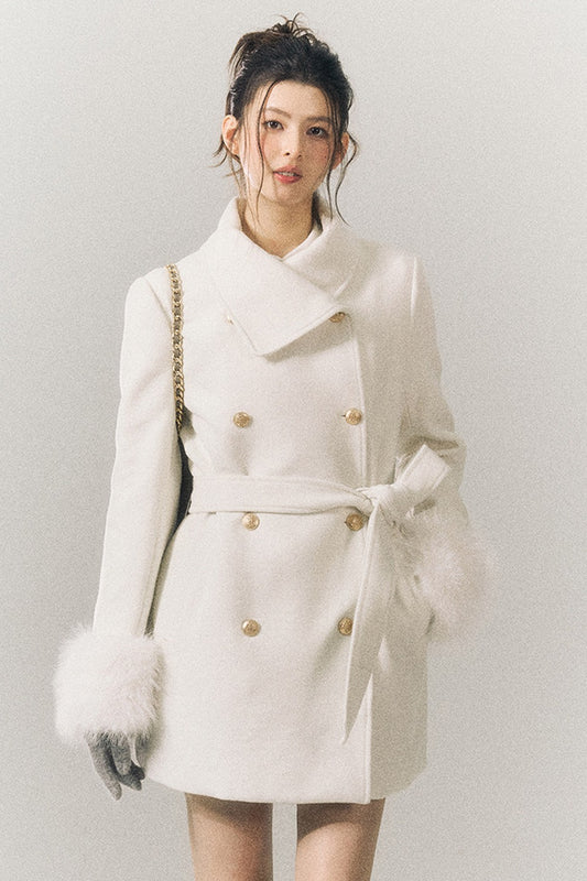 White Wool Detachable Fur Sleeve Coat