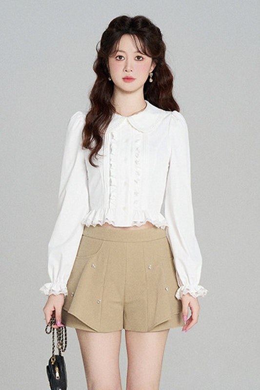 Ruffled Doll Collar Blouse And Shorts Set-Up