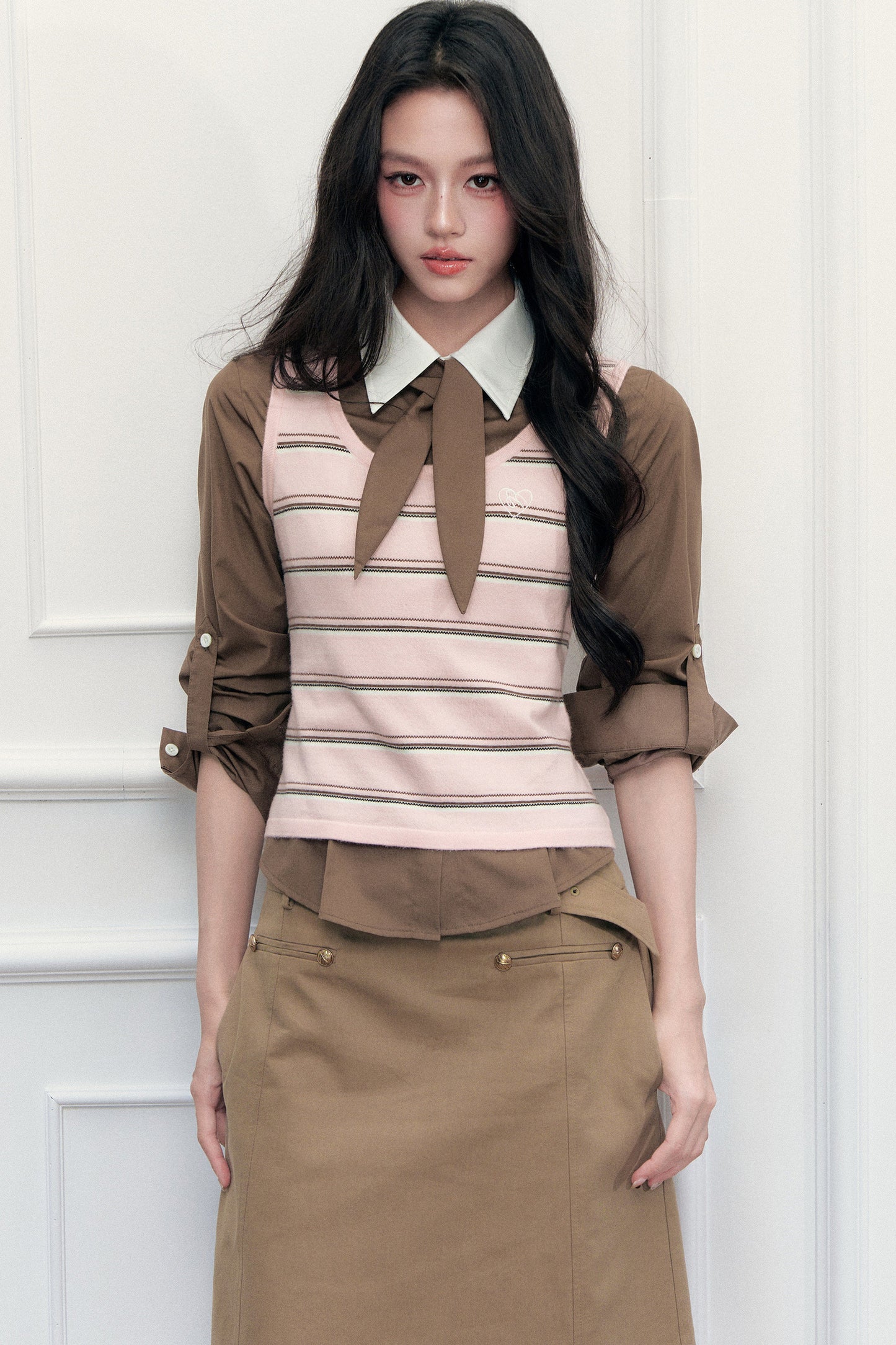 Retro Preppy Color-Blocking Shirt Knitted Vest and Skirt Set-Up