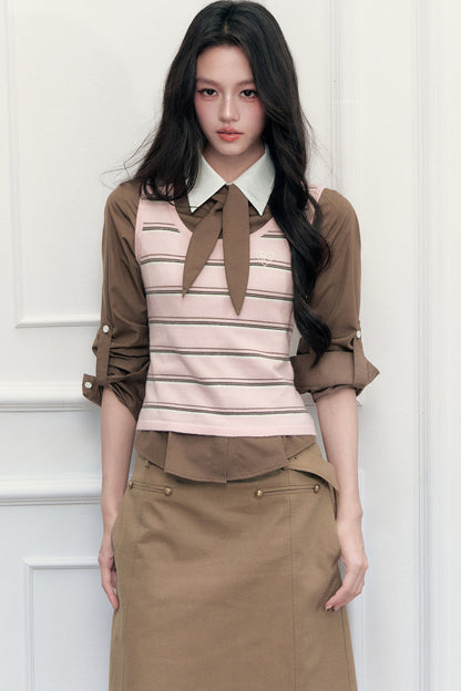 Retro Preppy Color-Blocking Shirt Knitted Vest and Skirt Set-Up