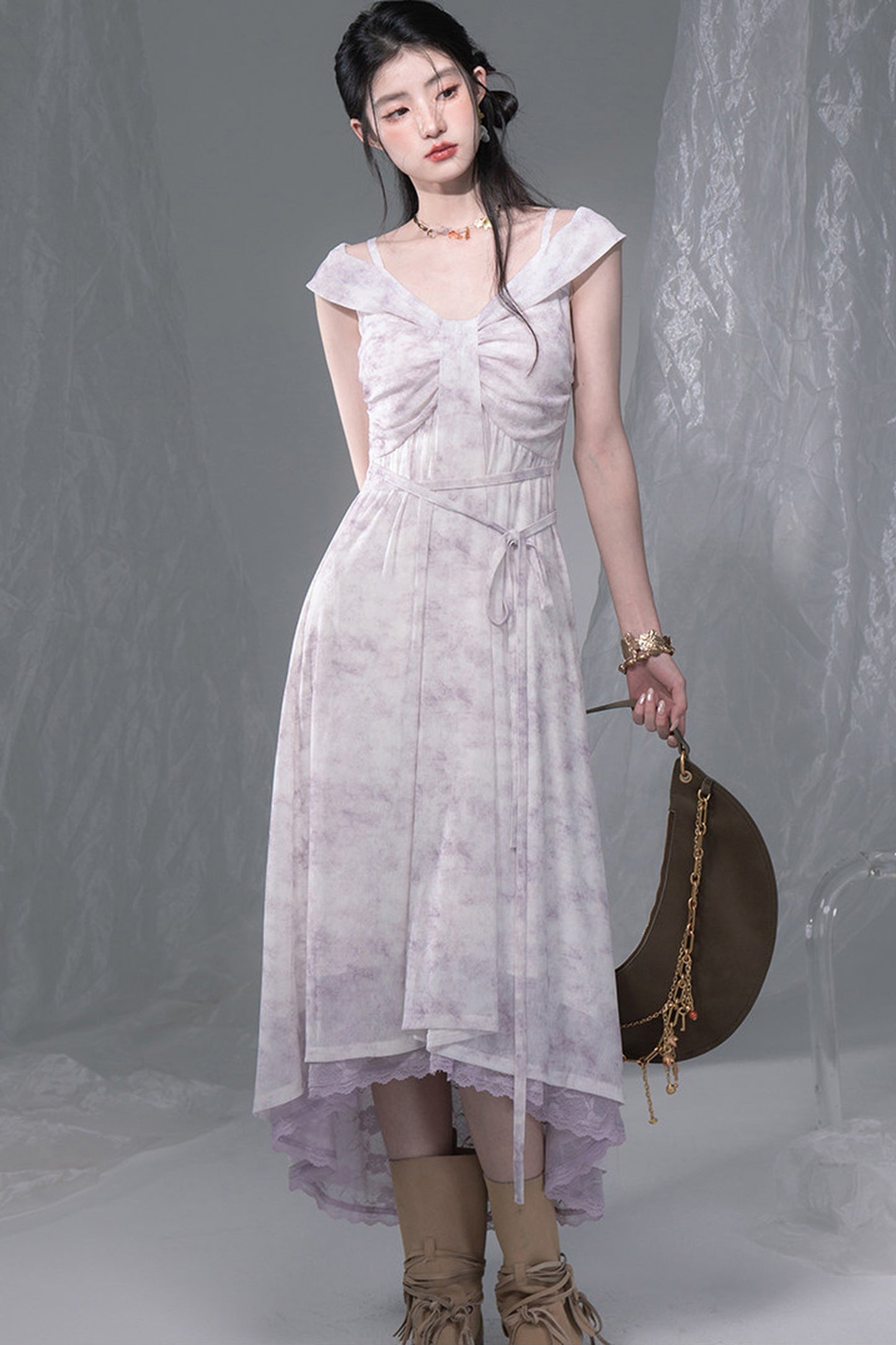 Cloud Smoke Purple Bow Tie Dress