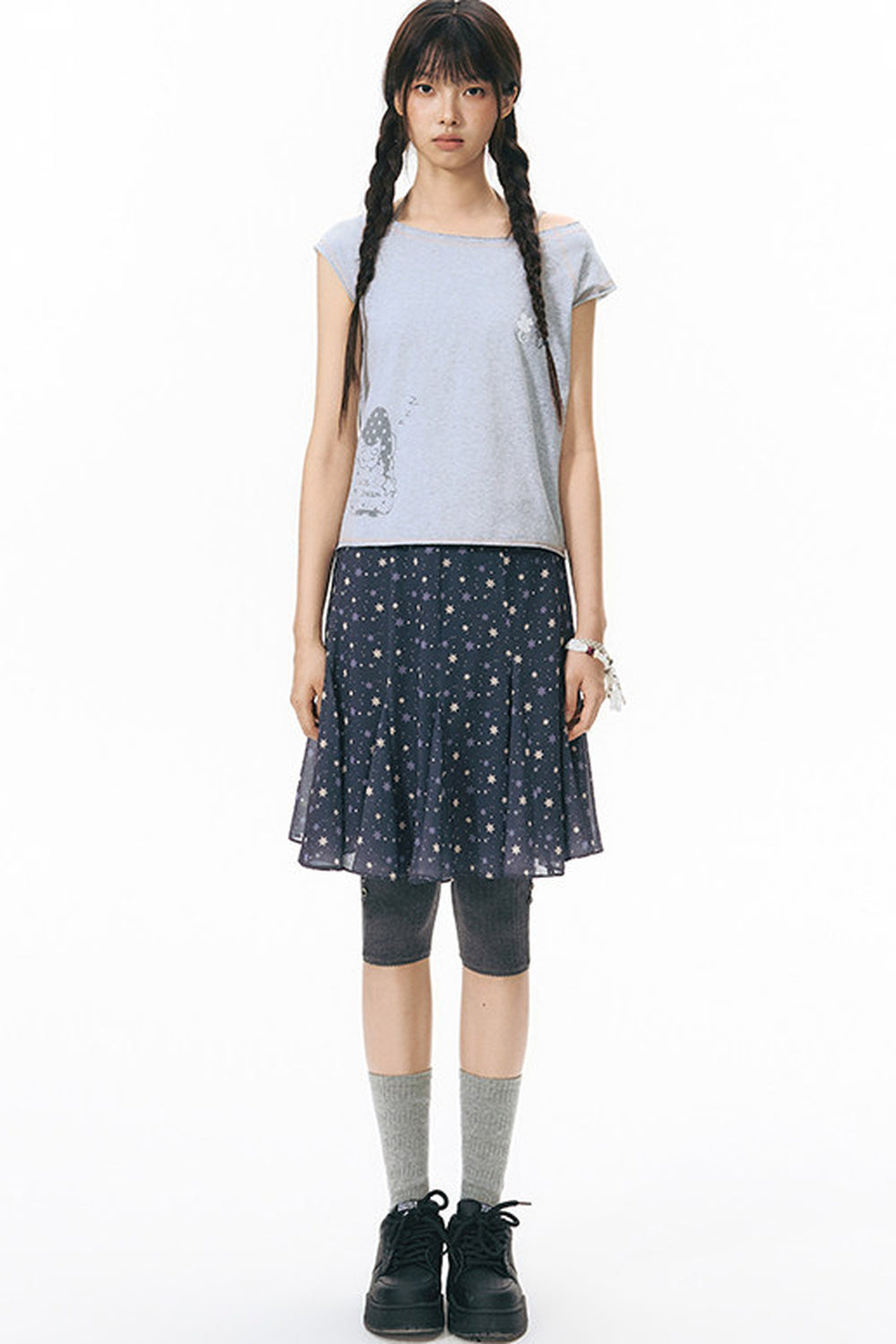 Starwii Printed Asymmetrical Shoulder Frayed Neckline T-Shirt