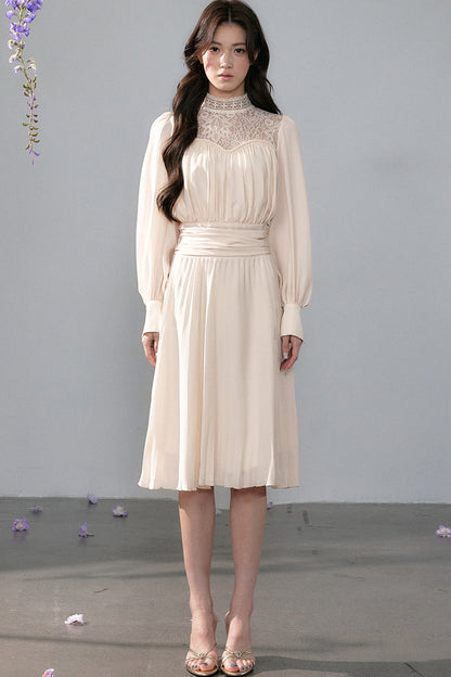 Pleated Lace Mid-Length Dress