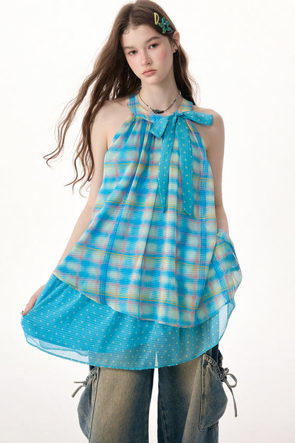 Bow Halter Plaid Dress