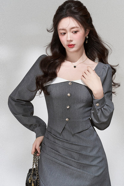 Square Neck Long Sleeve Dress
