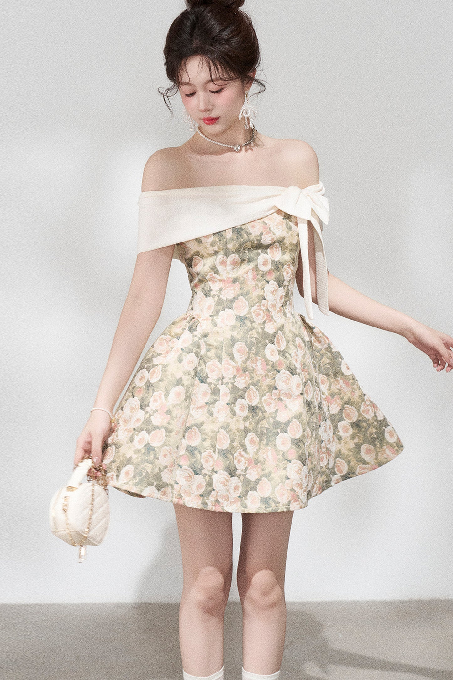 French Jacquard Off-Shoulder Dress