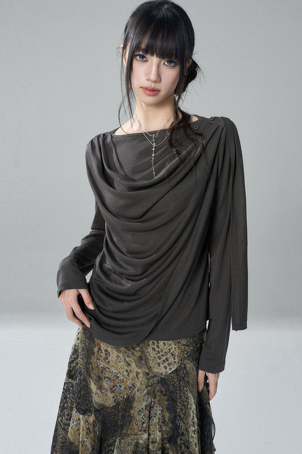Black Long-Sleeve Shawl Collar Top