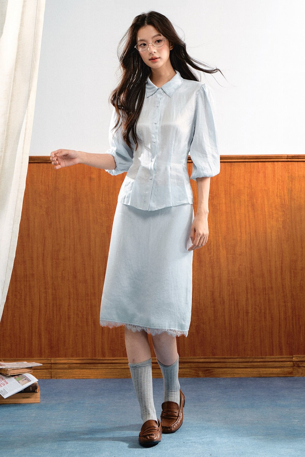 Lace Trim Puff Sleeve Top and Skirt Set-Up