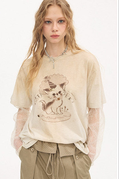 T-shirt vintage effetto consumato con stampa gattino