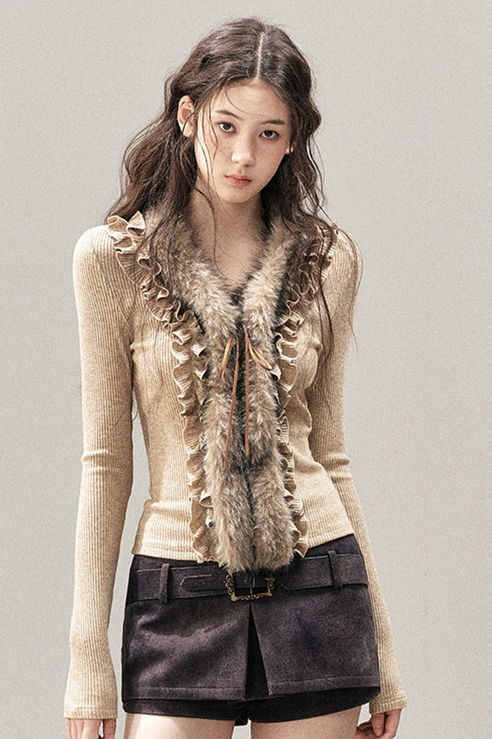 Ruffled Edge Faux Fur Sweater