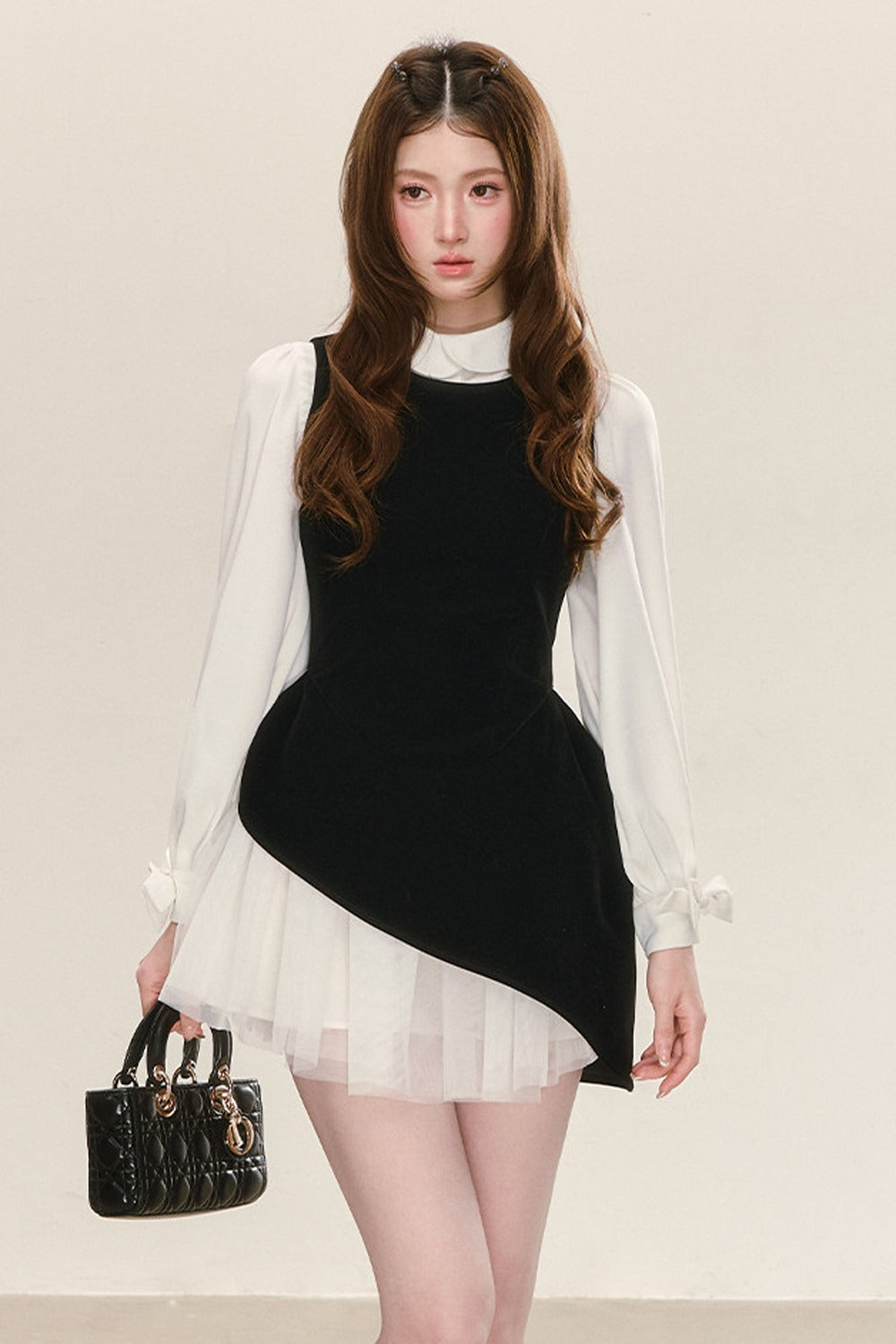 Black Velvet Mesh Overlay Dress and White Shirt Set