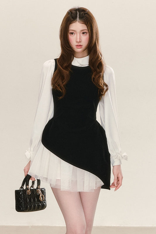 Black Velvet Mesh Overlay Dress and White Shirt Set