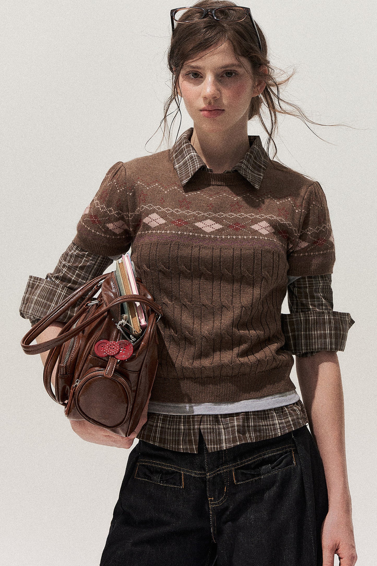 Retro Fair Isle Argyle Short-Sleeve Knit Sweater and Skirt Set-Up