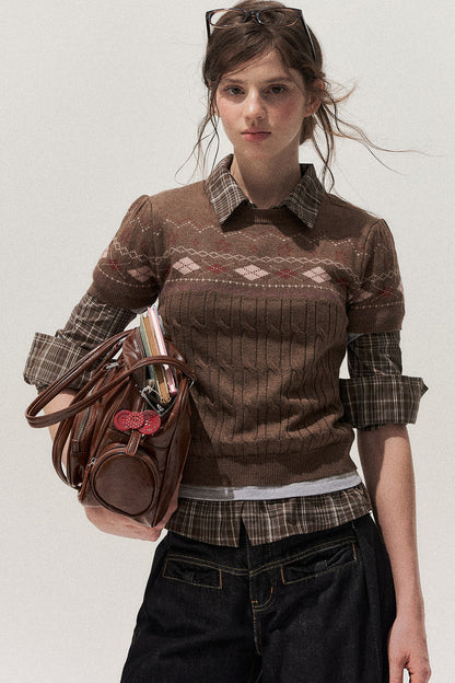Retro Fair Isle Argyle Short-Sleeve Knit Sweater and Skirt Set-Up