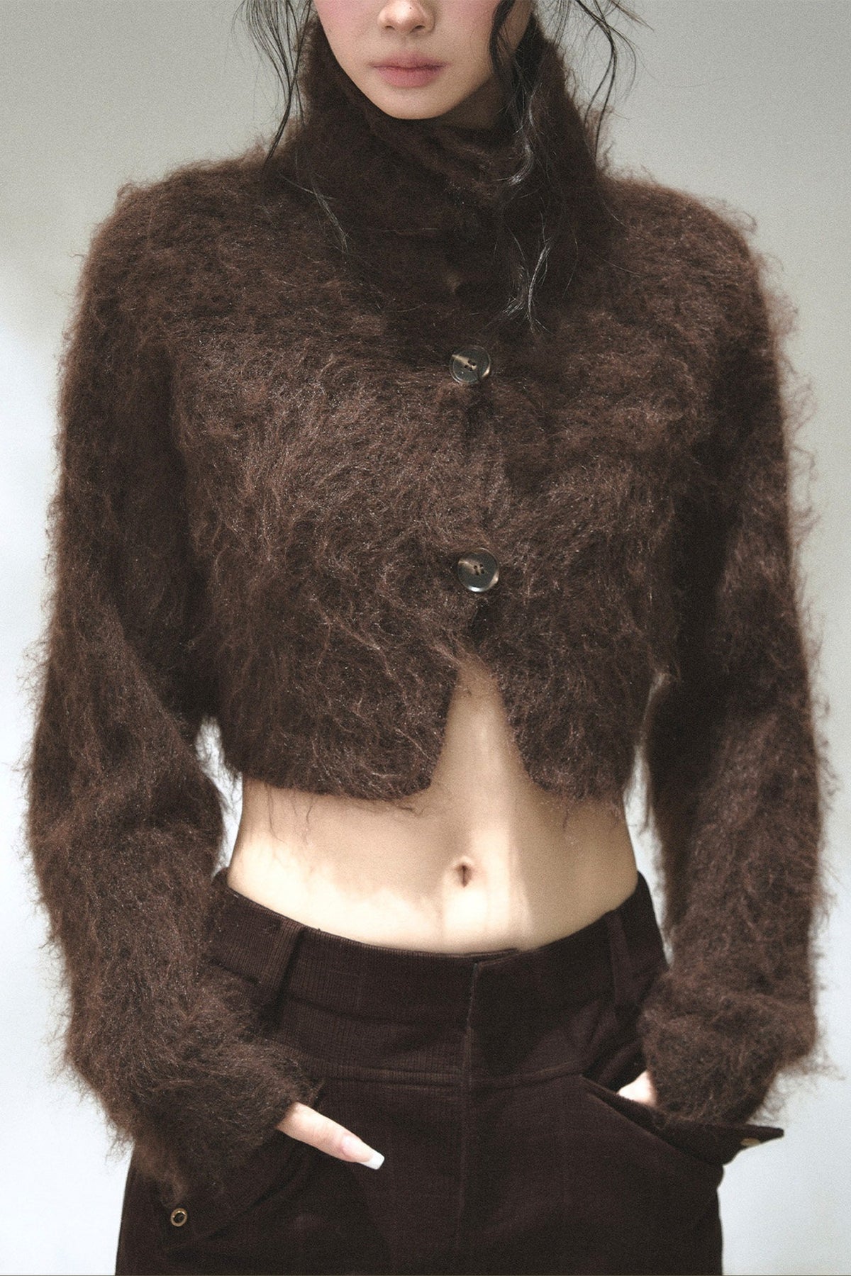 Long-Haired Turtleneck Knit Cardigan