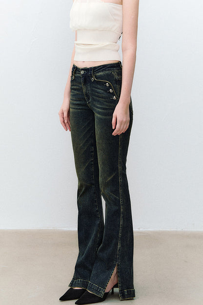Heart Button Slit Flared Jeans