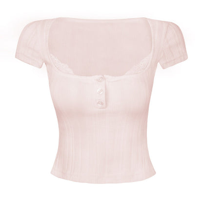 Square Neck Ribbed Lace Top