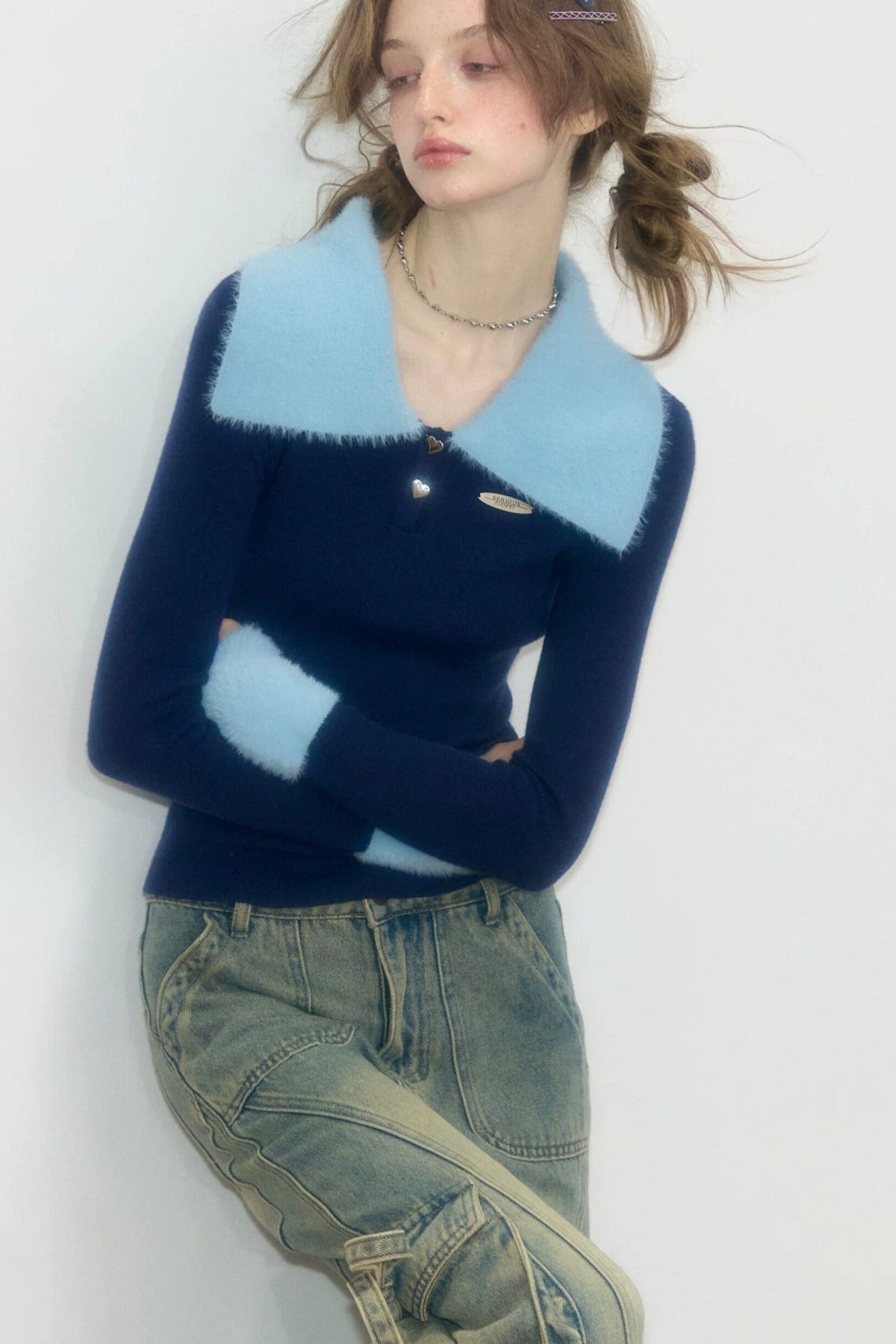 Color-Blocked Polo Collar Knit Sweater