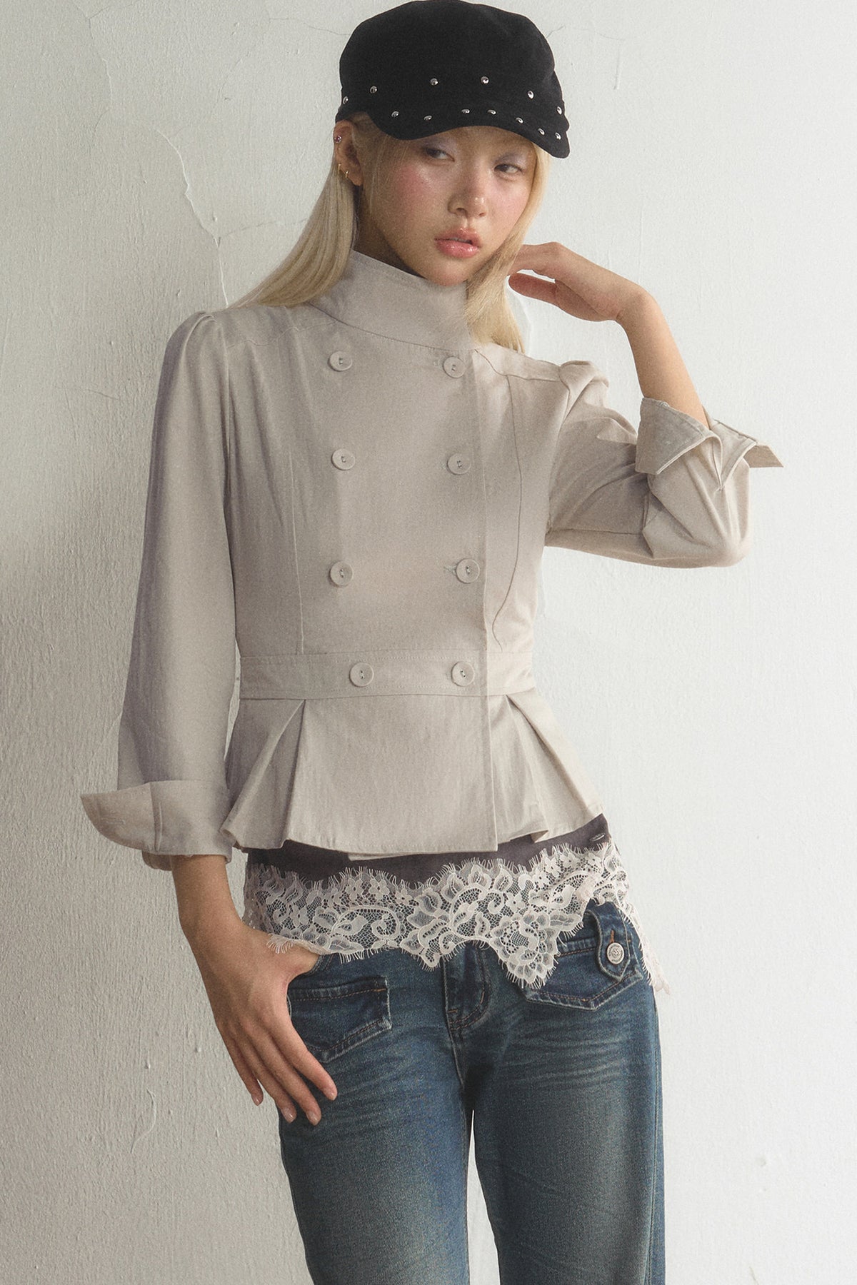 Stand Collar Double-Breasted Ruffled Hem Jacket