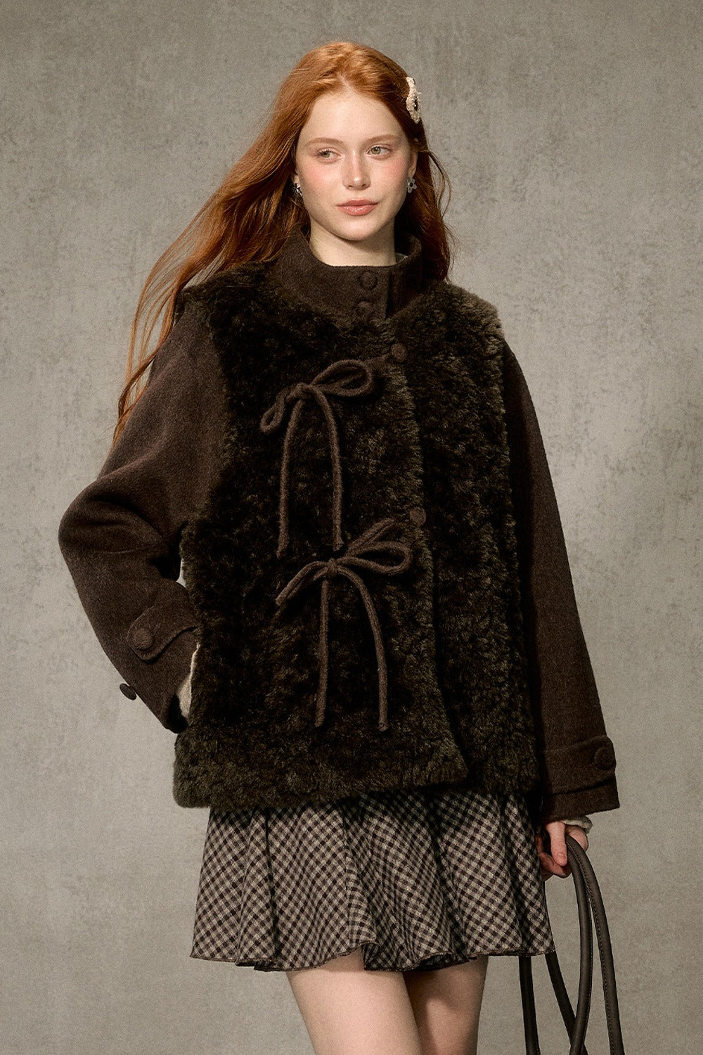 Fluffy Layered-Look Mid-Length Woolen Jacket