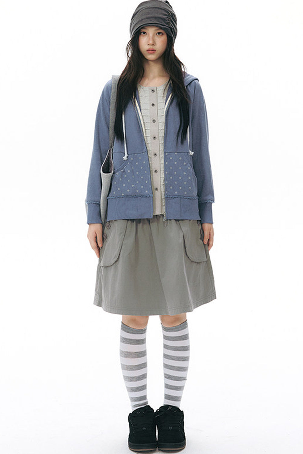 Side Seam Button Pleated Beanie Knit
