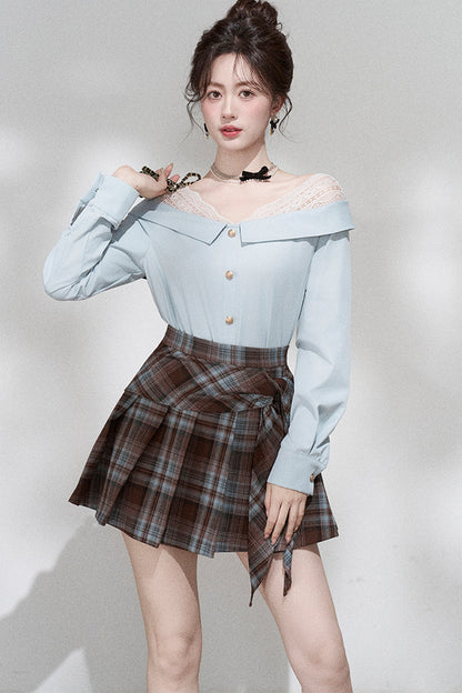 Blue Off-Shoulder Lace Blouse and Skirt Set-Up