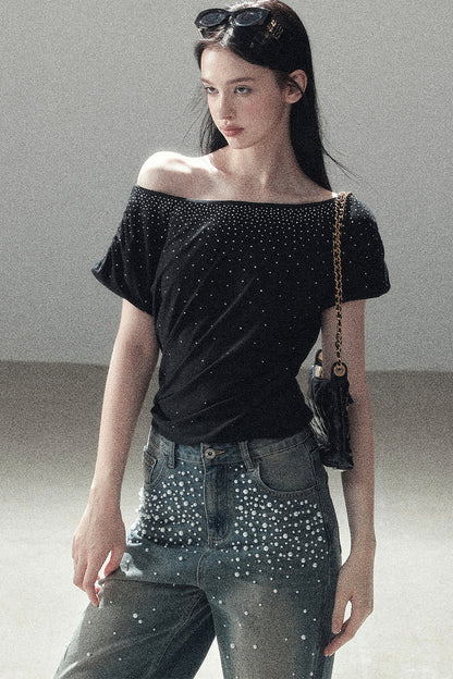 Rhinestone Slanted Shoulder Top
