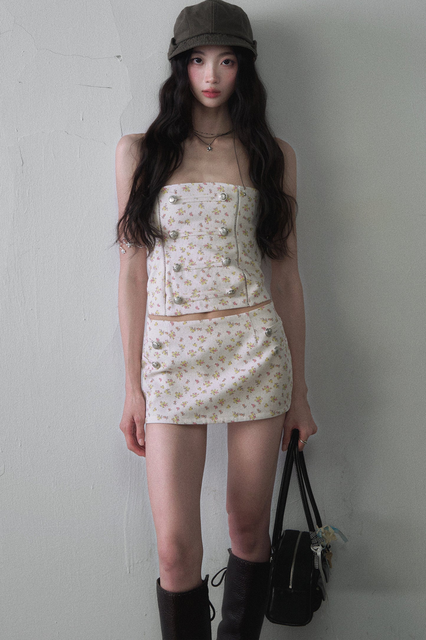 Floral Metal Buckle Tube Top and Hip-Hugging Mini Skirt Set-Up