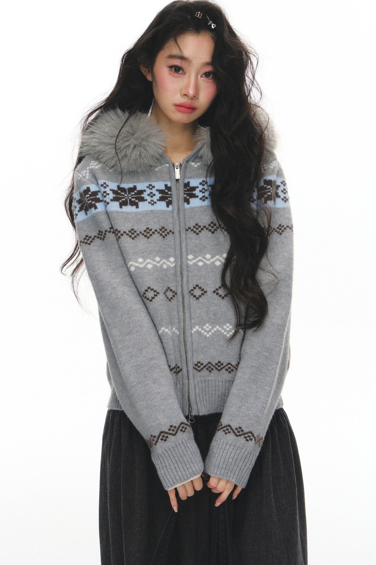 Fair Isle Jacquard Fur Collar Cardigan Set-Up