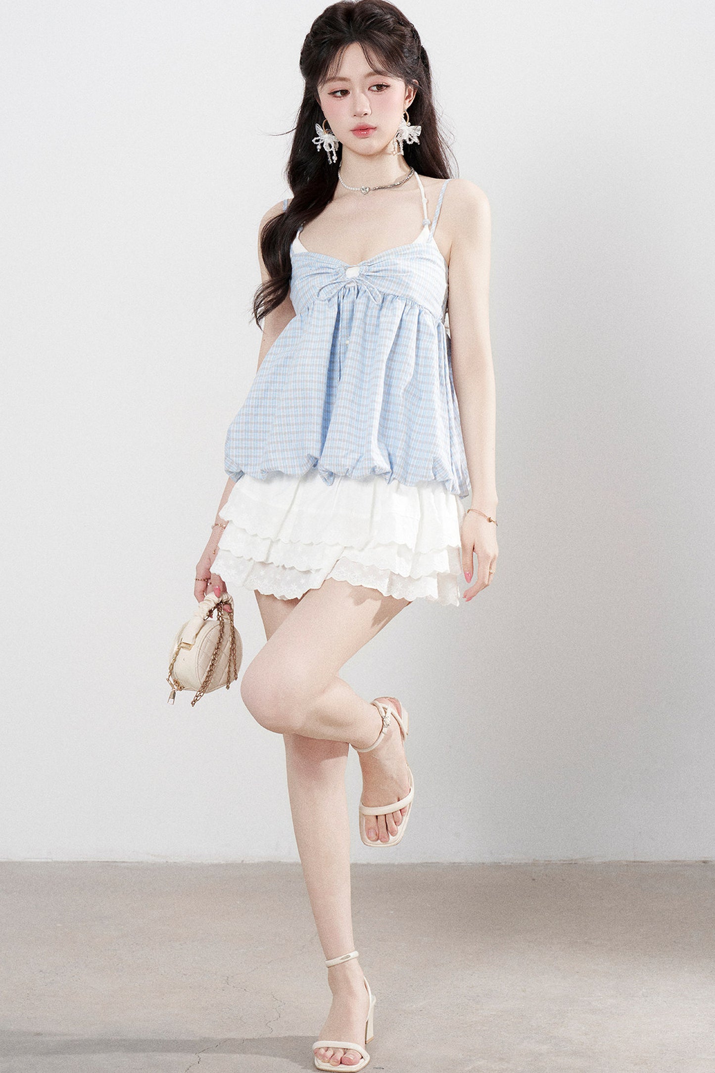 Blue Plaid Floral Camisole Top Set-Up