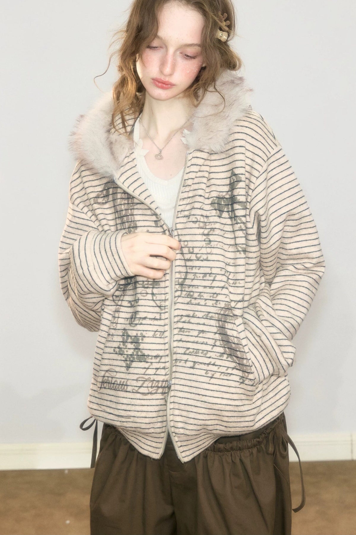 Fur Collar Hooded Striped Graffiti Jacket