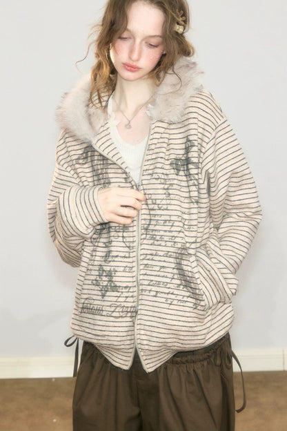 Fur Collar Hooded Striped Graffiti Jacket